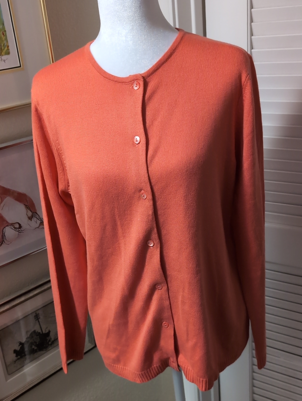 Saks Fifth Avenue Real Clothes Coral Button-Front Crewneck Cardigan